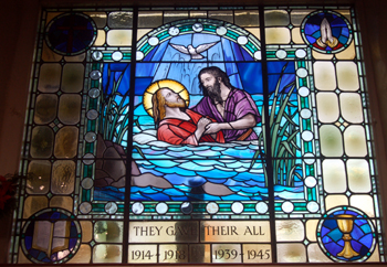 Stained glass war memorial window in West End Baptist Meeting December 2009